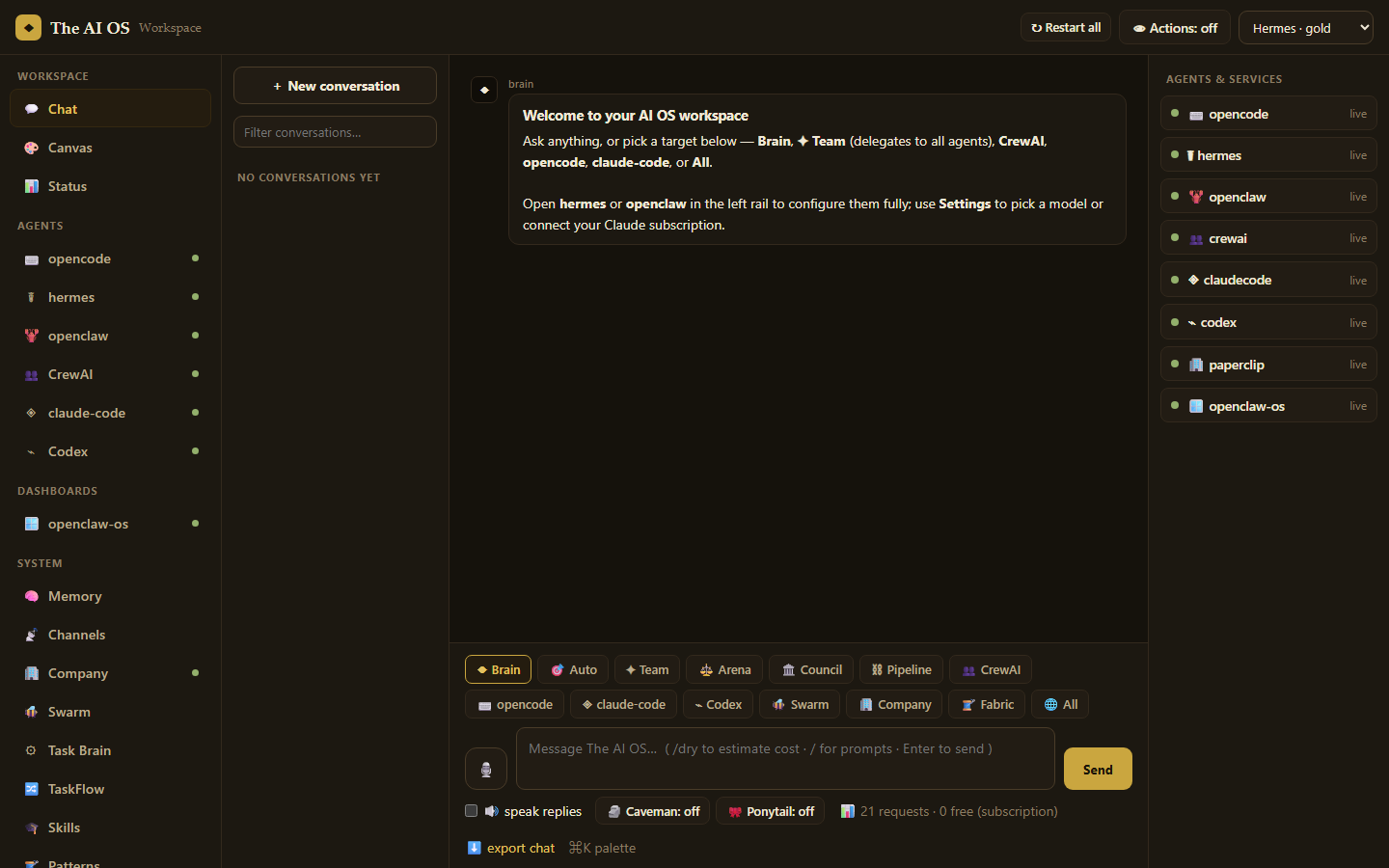 The AI OS hub: chat view with conversation list, message composer with target chips (Brain, Team, Swarm, Company, Codex and others), and a live list of running agents.