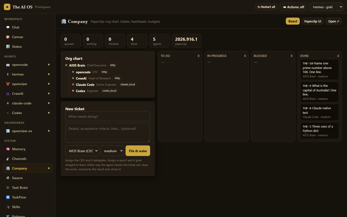 Company view in the hub: counts of queued, working, blocked and done tickets, the org chart, a new-ticket form and a four-column ticket board.